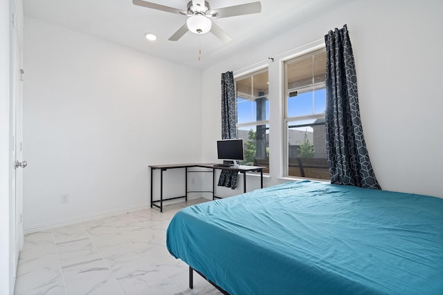 1309 Haybale Ln, Garland, TX 75042 - bedroom featuring marble finish flooring, a ceiling fan, and recessed lighting