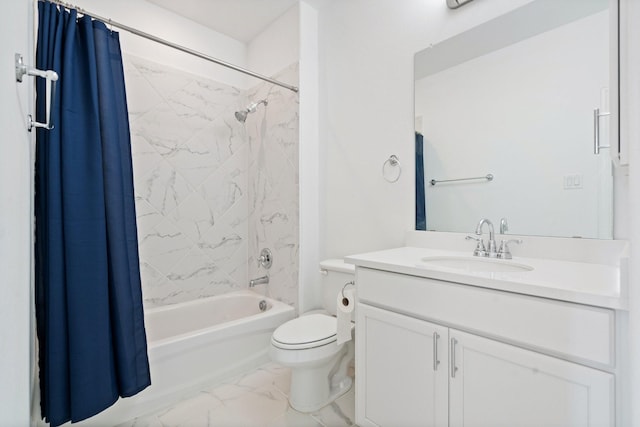 1309 Haybale Ln, Garland, TX 75042 - full bath with marble look tile flooring, shower / bath combo with shower curtain, toilet, and vanity