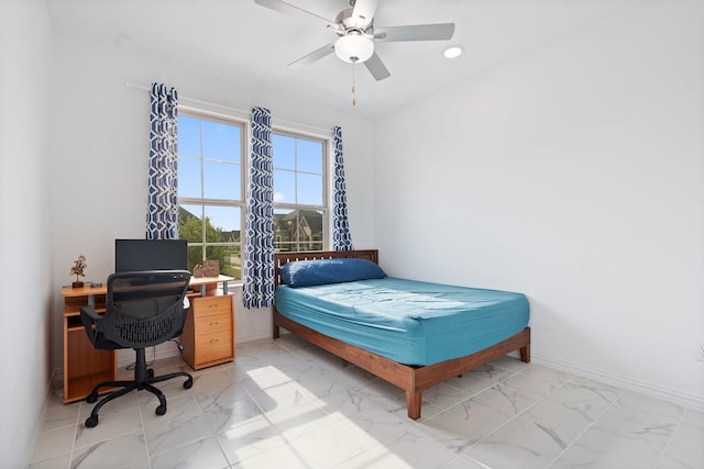 1309 Haybale Ln, Garland, TX 75042 - bedroom with light marble finish flooring, baseboards, recessed lighting, an office area, and ceiling fan