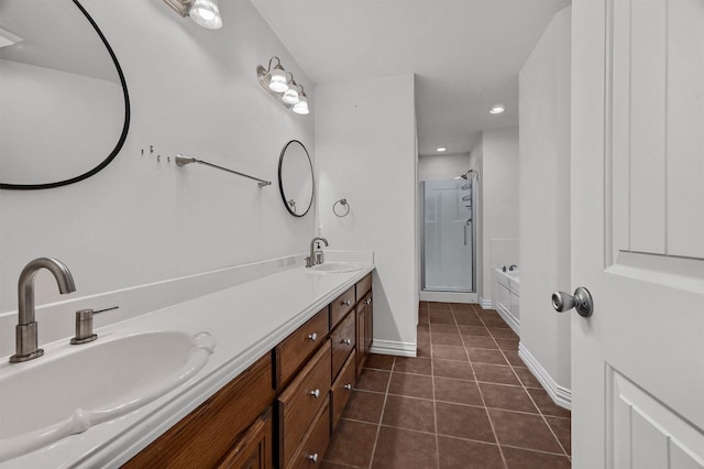 118 Hacienda Dr, Pottsboro, TX 75076 - full bath with tile patterned floors, an enclosed shower, baseboards, double vanity, and a tub to relax in