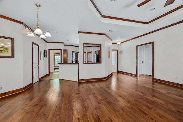 118 Hacienda Dr, Pottsboro, TX 75076 - unfurnished living room with a chandelier, dark wood-type flooring, crown molding, a ceiling fan, and baseboards