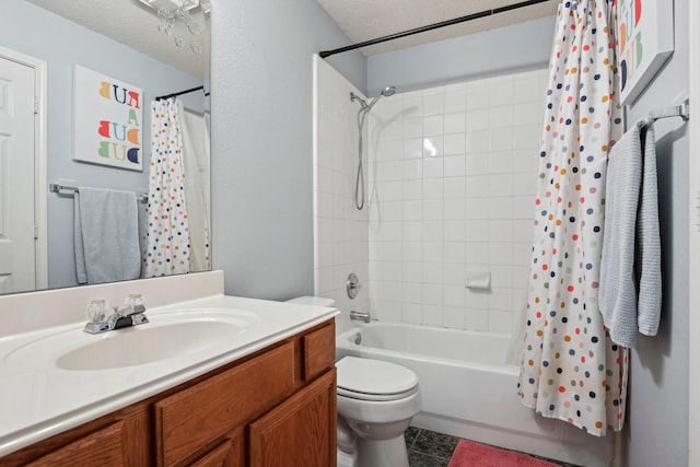 5729 Brazos Dr, Haltom City, TX 76137 - full bath with shower / bath combination with curtain, toilet, vanity, and tile patterned flooring