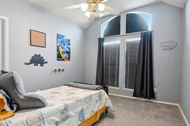 5729 Brazos Dr, Haltom City, TX 76137 - carpeted bedroom with lofted ceiling, a textured ceiling, a ceiling fan, and baseboards