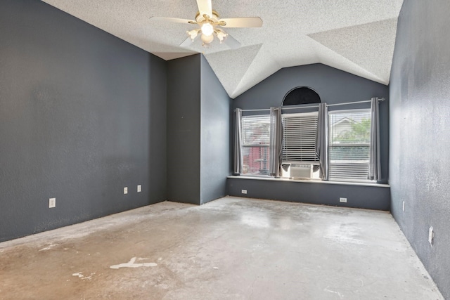 5729 Brazos Dr, Haltom City, TX 76137 - unfurnished room featuring concrete flooring, a textured ceiling, vaulted ceiling, and ceiling fan