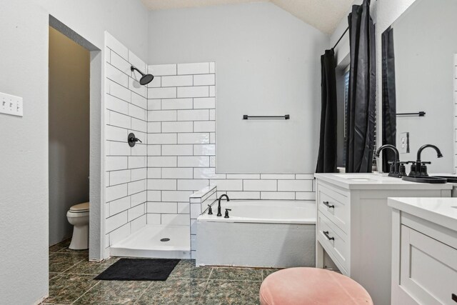 5729 Brazos Dr, Haltom City, TX 76137 - full bathroom featuring toilet, tiled shower, vanity, a bath, and vaulted ceiling