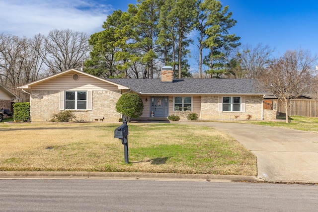 332 Azalea Dr, Sulphur Springs, TX 75482 - single story home with brick siding, a chimney, concrete driveway, a front yard, and roof with shingles
