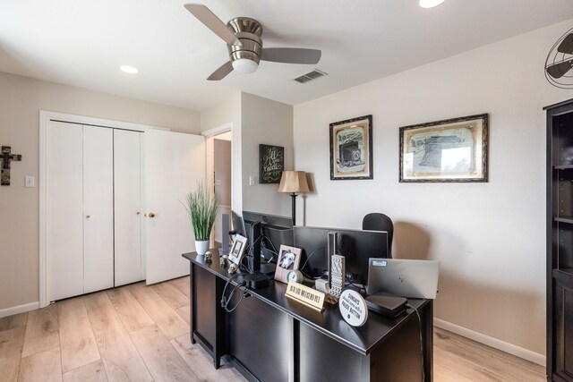 332 Azalea Dr, Sulphur Springs, TX 75482 - home office with ceiling fan, light wood-type flooring, recessed lighting, and baseboards