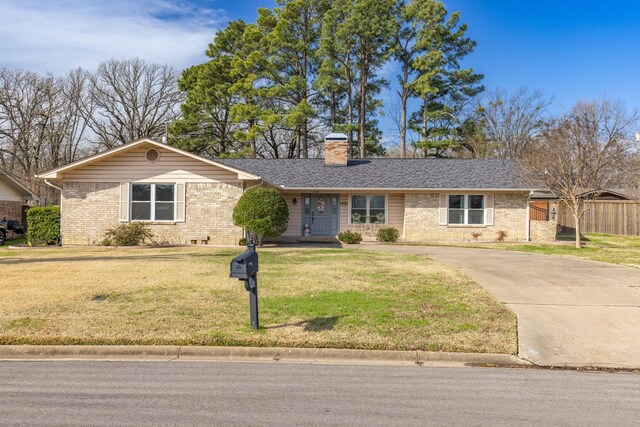 332 Azalea Dr, Sulphur Springs, TX 75482 - ranch-style home featuring brick siding, a chimney, driveway, a front yard, and a shingled roof