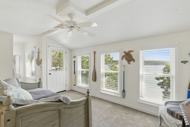306 Chism Trl, Gordon, TX 76453 - bedroom with access to exterior, light colored carpet, multiple windows, lofted ceiling, and a ceiling fan