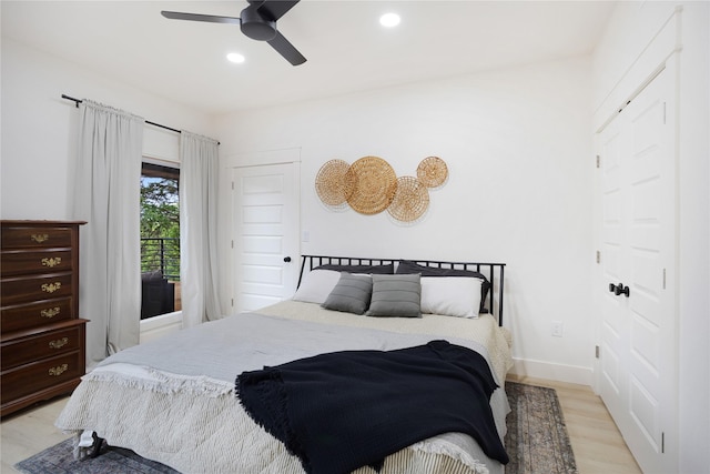 142 Wales Dr, Pottsboro, TX 75076 - bedroom featuring light wood-style flooring, recessed lighting, access to exterior, ceiling fan, and baseboards