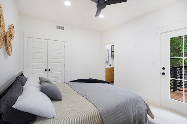 142 Wales Dr, Pottsboro, TX 75076 - bedroom featuring access to exterior, recessed lighting, ceiling fan, a closet, and ensuite bath