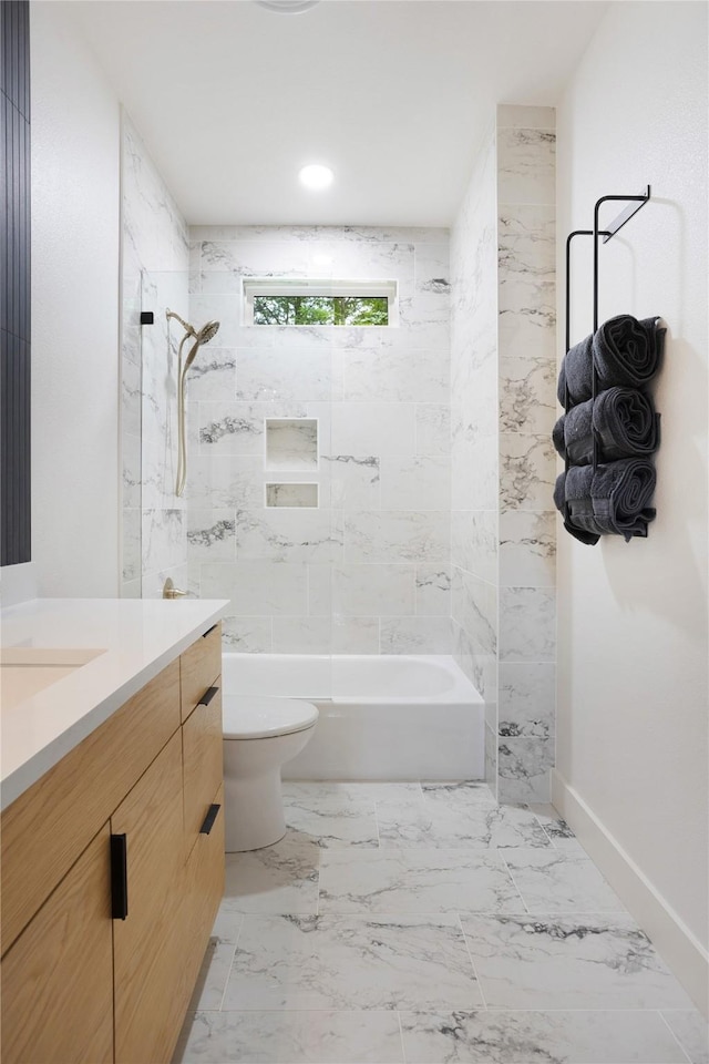 142 Wales Dr, Pottsboro, TX 75076 - bathroom featuring shower / bath combination, toilet, vanity, and marble finish floors