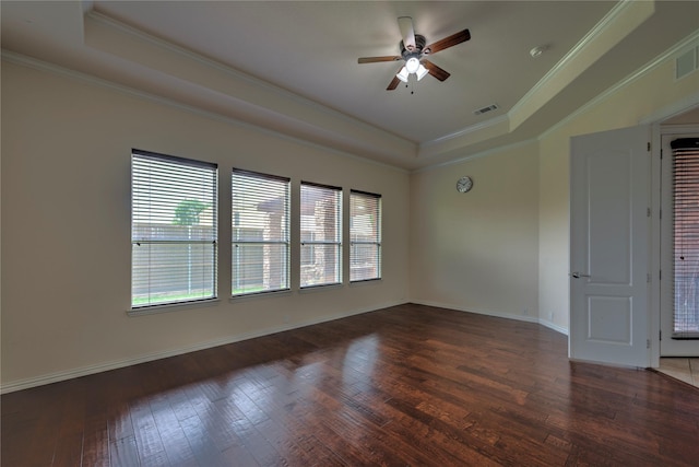 319 Paloverde Ln, Frisco, TX 75036 - unfurnished room featuring a tray ceiling, ornamental molding, a ceiling fan, hardwood / wood-style flooring, and baseboards