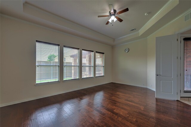 319 Paloverde Ln, Frisco, TX 75036 - spare room with a tray ceiling, crown molding, ceiling fan, hardwood / wood-style flooring, and baseboards