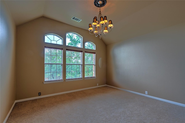 319 Paloverde Ln, Frisco, TX 75036 - carpeted spare room featuring vaulted ceiling, a chandelier, and baseboards