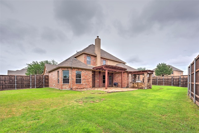 319 Paloverde Ln, Frisco, TX 75036 - back of house with a pergola, a patio, brick siding, a chimney, and roof with shingles
