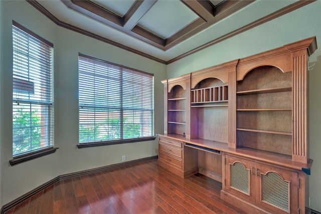 319 Paloverde Ln, Frisco, TX 75036 - unfurnished office with coffered ceiling, built in study area, dark wood-style flooring, ornamental molding, and baseboards