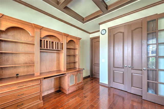 319 Paloverde Ln, Frisco, TX 75036 - unfurnished office featuring coffered ceiling, dark wood-style floors, built in study area, ornamental molding, and baseboards