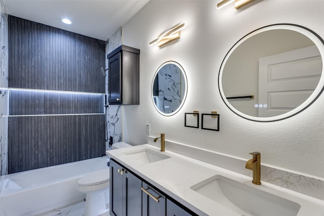 2614 Ave G, Fort Worth, TX 76105 - full bath with toilet, double vanity, marble finish floors,  shower combination, and recessed lighting