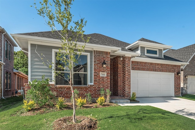 7111 Manhattan Dr, Rowlett, TX 75088 - view of front facade featuring concrete driveway, a front lawn, brick siding, and an attached garage