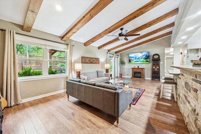 635 Old Justin Rd, Argyle, TX 76226 - living room with baseboards, a ceiling fan, a fireplace, wood finished floors, and recessed lighting