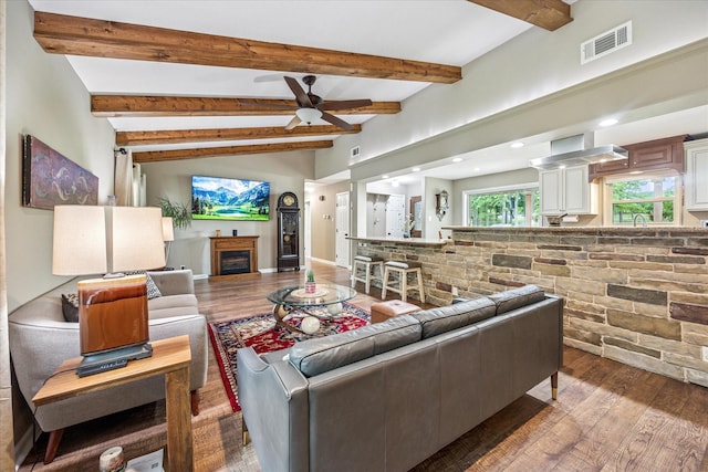 635 Old Justin Rd, Argyle, TX 76226 - living area with wood-type flooring, a fireplace, a ceiling fan, and recessed lighting