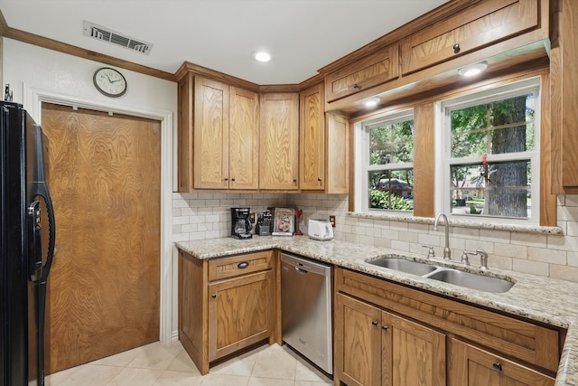 4401 Longacres Ct, Arlington, TX 76016 - kitchen featuring dishwasher, a sink, black fridge with ice dispenser, and backsplash