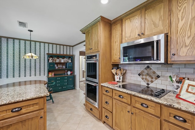 4401 Longacres Ct, Arlington, TX 76016 - kitchen with stainless steel appliances, light stone countertops, backsplash, hanging light fixtures, and light tile patterned flooring