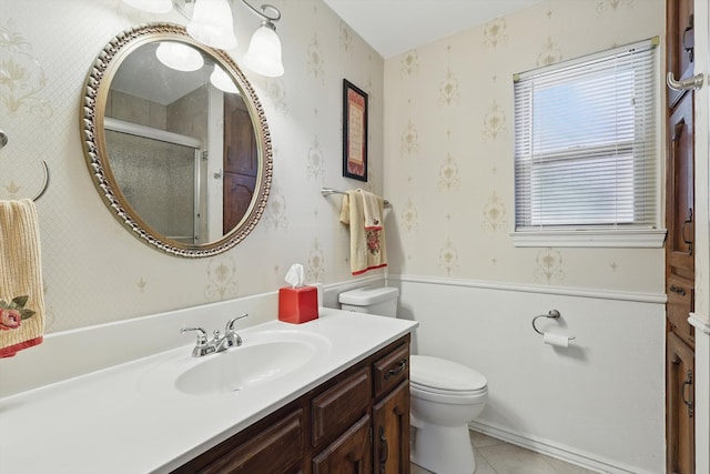 4401 Longacres Ct, Arlington, TX 76016 - full bathroom with vanity, toilet, a stall shower, tile patterned floors, and wallpapered walls
