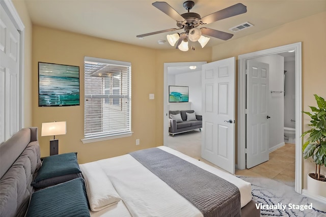 5719 Butterfly Way, Fairview, TX 75069 - bedroom with light tile patterned floors, ensuite bath, and ceiling fan