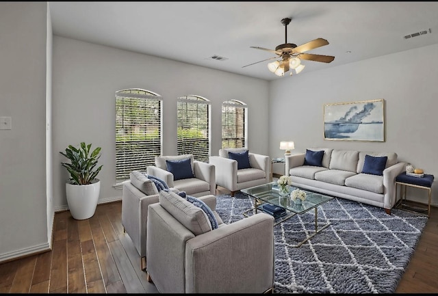 5719 Butterfly Way, Fairview, TX 75069 - living area featuring a ceiling fan and dark wood-style floors