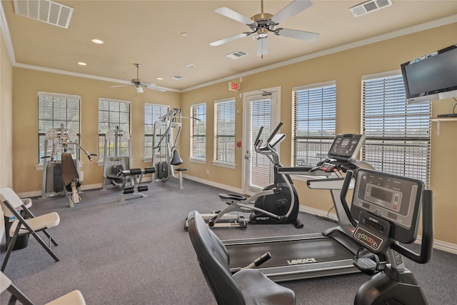 5719 Butterfly Way, Fairview, TX 75069 - workout area featuring a ceiling fan, crown molding, and recessed lighting