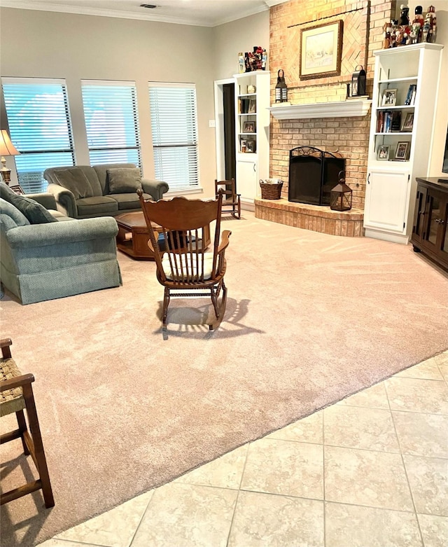 1405 Heritage Hill Dr, Desoto, TX 75115 - carpeted living area featuring ornamental molding, a brick fireplace, and tile patterned floors