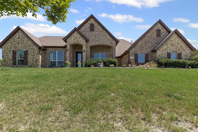 101 Cedar Mountain Dr, Weatherford, TX 76085 - french provincial home with brick siding, a front yard, and stone siding