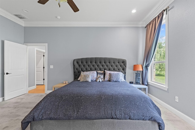 101 Cedar Mountain Dr, Weatherford, TX 76085 - bedroom with crown molding, carpet, baseboards, ceiling fan, and recessed lighting