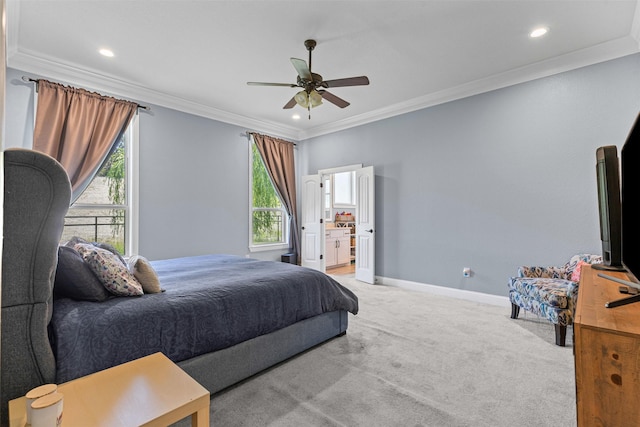 101 Cedar Mountain Dr, Weatherford, TX 76085 - bedroom featuring light carpet, baseboards, crown molding, recessed lighting, and a ceiling fan