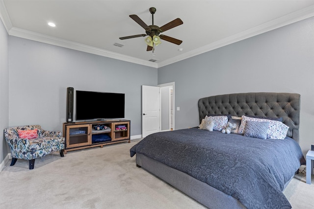 101 Cedar Mountain Dr, Weatherford, TX 76085 - carpeted bedroom featuring ornamental molding, baseboards, recessed lighting, and a ceiling fan