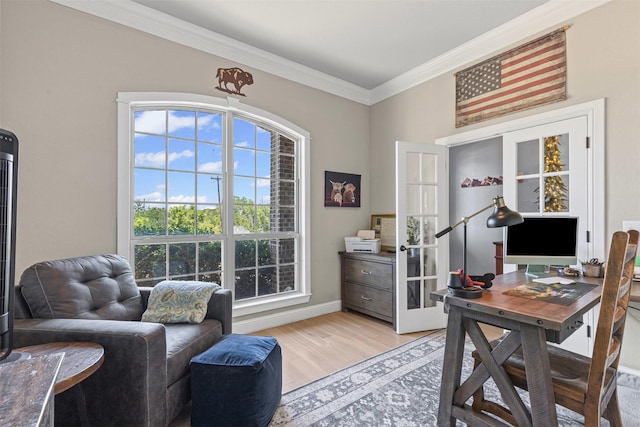 101 Cedar Mountain Dr, Weatherford, TX 76085 - office area with french doors, crown molding, and light wood-style floors