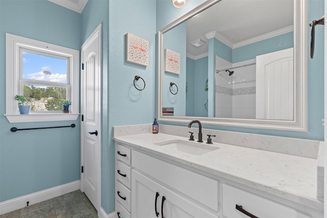 101 Cedar Mountain Dr, Weatherford, TX 76085 - full bath with crown molding, vanity, baseboards, and a shower