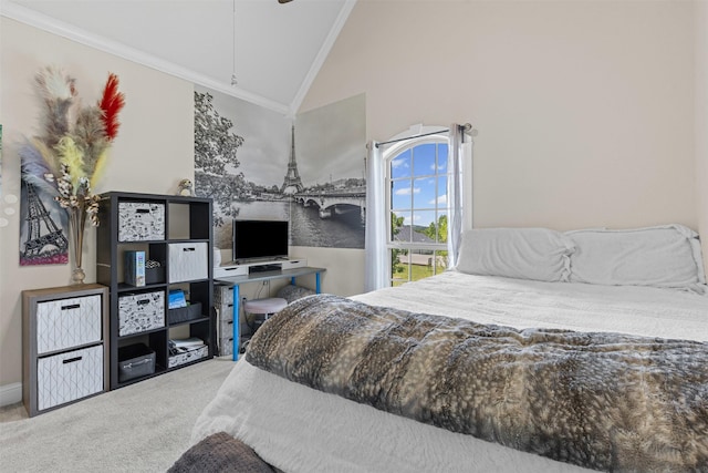 101 Cedar Mountain Dr, Weatherford, TX 76085 - bedroom featuring ornamental molding, lofted ceiling, and carpet flooring