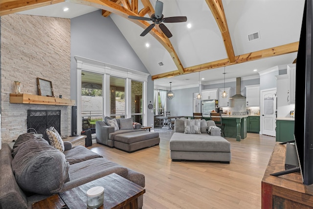 101 Cedar Mountain Dr, Weatherford, TX 76085 - living room featuring high vaulted ceiling, beam ceiling, a ceiling fan, a stone fireplace, and light wood finished floors