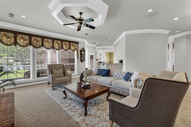5503 Arch Bridge Ct, Arlington, TX 76017 - carpeted living area with ornamental molding, a ceiling fan, and recessed lighting