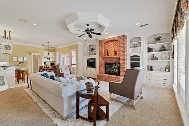 5503 Arch Bridge Ct, Arlington, TX 76017 - living area featuring light colored carpet, a fireplace, ceiling fan, crown molding, and a chandelier