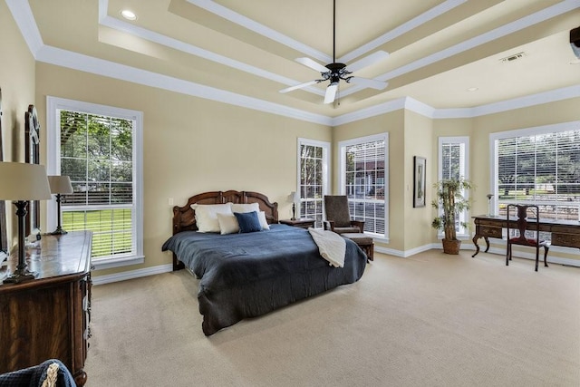 5503 Arch Bridge Ct, Arlington, TX 76017 - bedroom featuring a tray ceiling, carpet floors, multiple windows, and ornamental molding