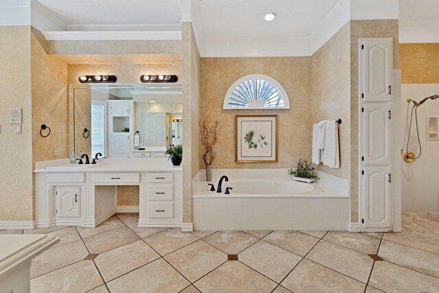 5503 Arch Bridge Ct, Arlington, TX 76017 - bathroom with a garden tub, crown molding, vanity, and tile patterned flooring