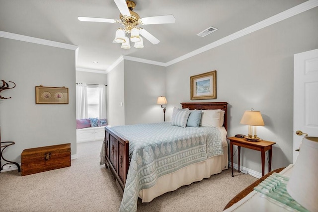 5503 Arch Bridge Ct, Arlington, TX 76017 - bedroom featuring light colored carpet, baseboards, ornamental molding, and a ceiling fan