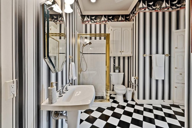 5503 Arch Bridge Ct, Arlington, TX 76017 - bathroom featuring tile patterned floors, a stall shower, toilet, and crown molding