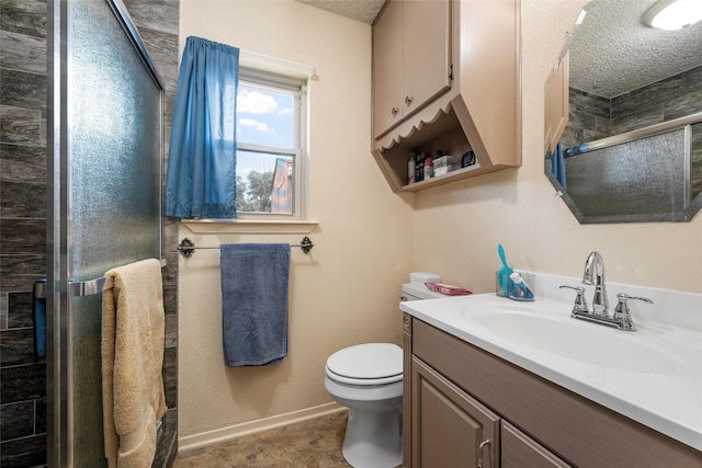 601 Circle Creek Dr, Hewitt, TX 76643 - bathroom with a stall shower, vanity, toilet, a textured ceiling, and baseboards
