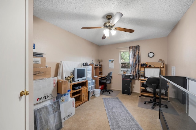 601 Circle Creek Dr, Hewitt, TX 76643 - home office featuring ceiling fan, a textured ceiling, and light carpet