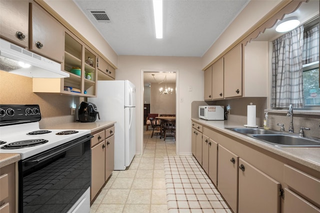 601 Circle Creek Dr, Hewitt, TX 76643 - kitchen with white appliances, a sink, under cabinet range hood, a chandelier, and light countertops